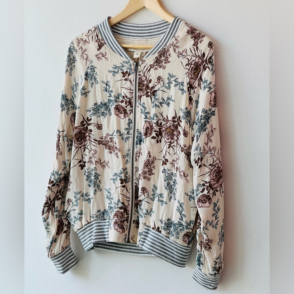Saltwater Luxe Floral Bomber Jacket Full Zip Long Sleeve Cream Women's M.